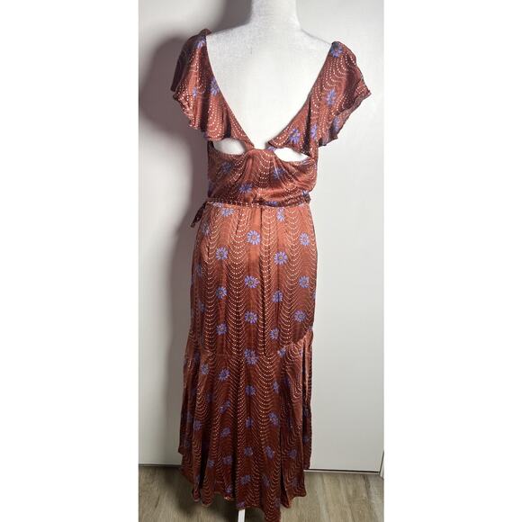 Anthropologie Ruffle Sleeve Printed Wrap Maxi Silky Dress Medium Brown Copper - Picture 6 of 13